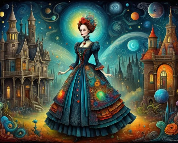 Whimsical Scene of Woman in Celestial Gown and Castles