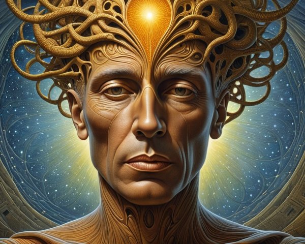 Surreal Figure with Golden Patterns and Cosmic Background