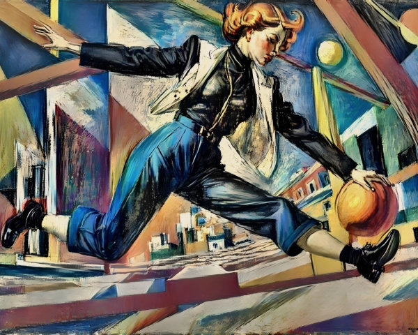 Dynamic Painting of Woman Bowling with Orange Ball