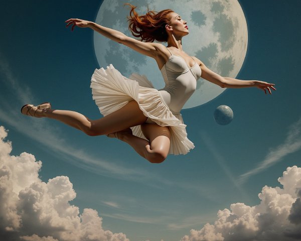 Dancer in White Dress Leaping Against Moonlit Sky