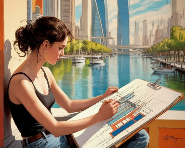 Young Woman Sketching by Vibrant Waterfront Scene