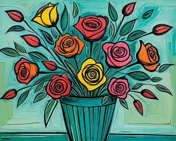 Vibrant Roses in Teal-Striped Vase with Green Leaves