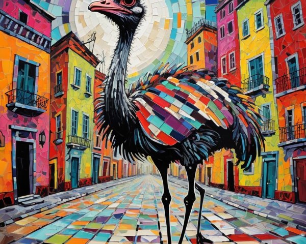 Colorful Artwork of an Ostrich in a Bright Street Scene