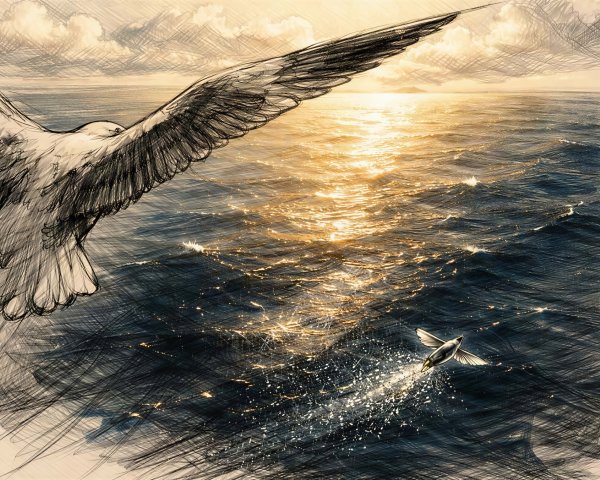 Detailed Pencil Sketch of Seagulls at Sunset Over Ocean