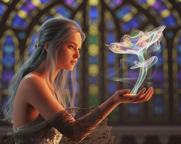 Young woman with silver-blue hair and glowing rose