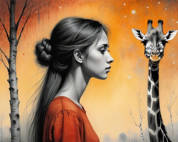 Profile of a Woman with Giraffe on Orange Background