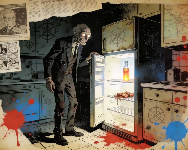 Ominous Illustration of Emaciated Elderly Man in Fridge
