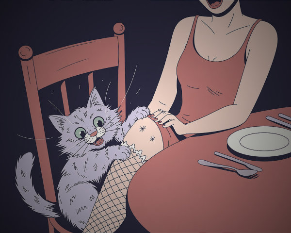 Gray Cat Playfully Interacting with Woman at Table