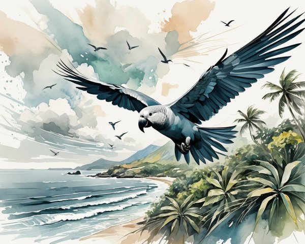 Parrot Soaring Over Tropical Coastline Scene