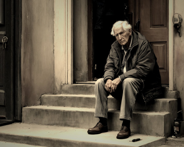 Elderly Man in Contemplation on Building Steps