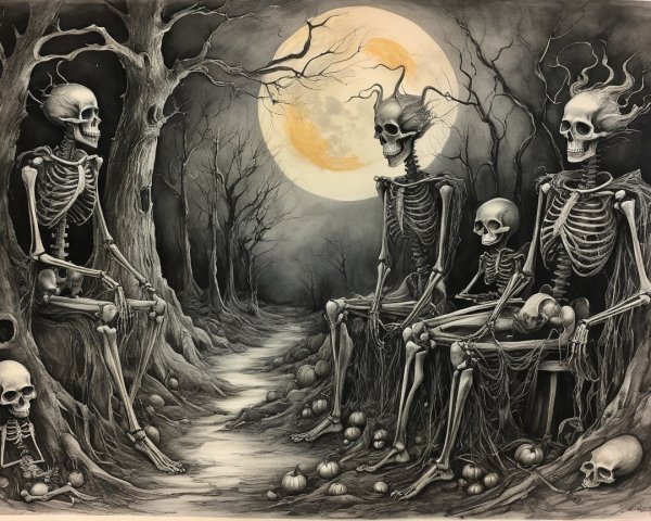 Skeletal Figures in a Moonlit, Eerie Landscape