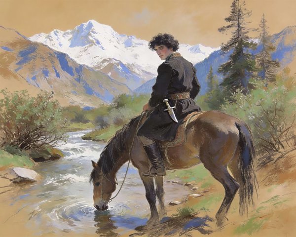 Pastel Drawing of Young Man on Horse by Stream