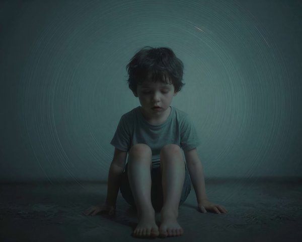 Young boy sitting cross-legged on dark gray floor