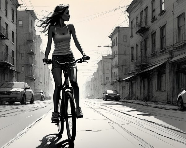 Young woman cycling on a sunlit vintage street sketch