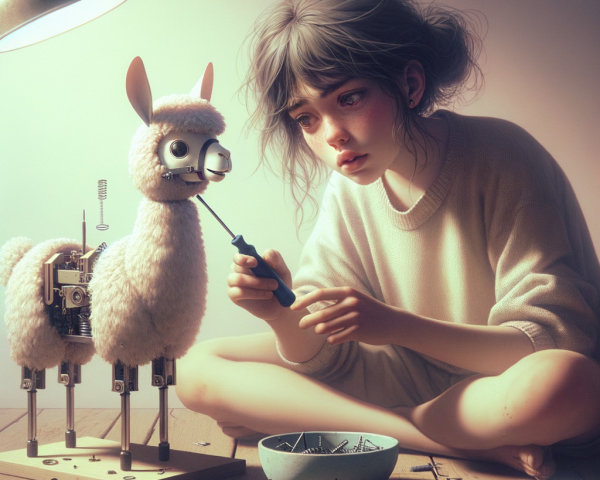Young girl repairing a whimsical robotic llama
