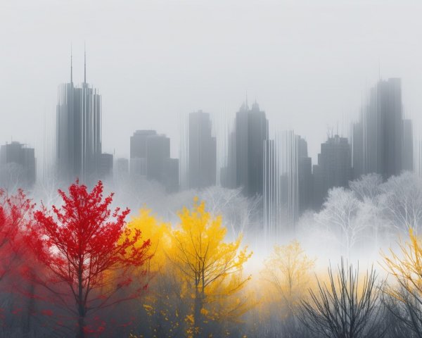 Misty Urban Landscape with Autumn Foliage Contrast