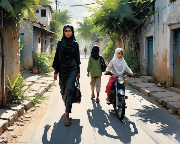 Vibrant street scene with woman and children in sunlight