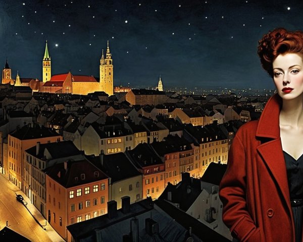 Glamorous Woman in Red Coat Against Moonlit Cityscape