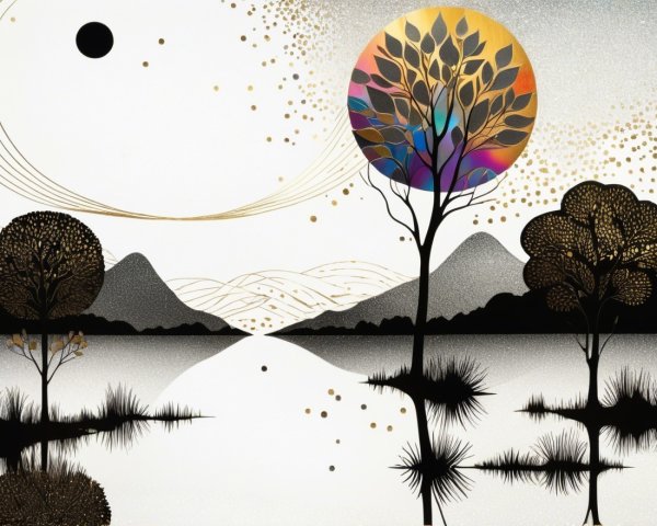 Serene Landscape with Lake, Trees, and Celestial Elements