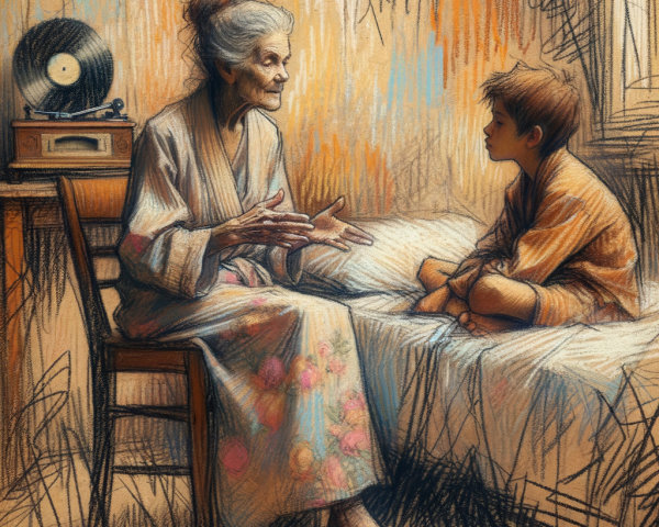 Elderly Woman and Boy Share Stories in Cozy Room