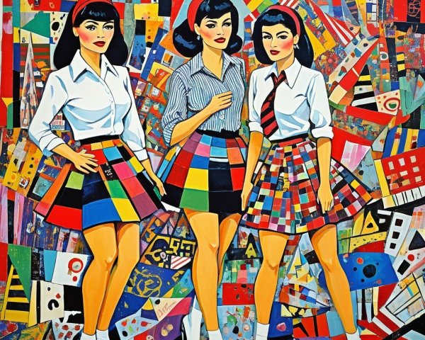 Stylized Women in Colorful Outfits Against Bold Background