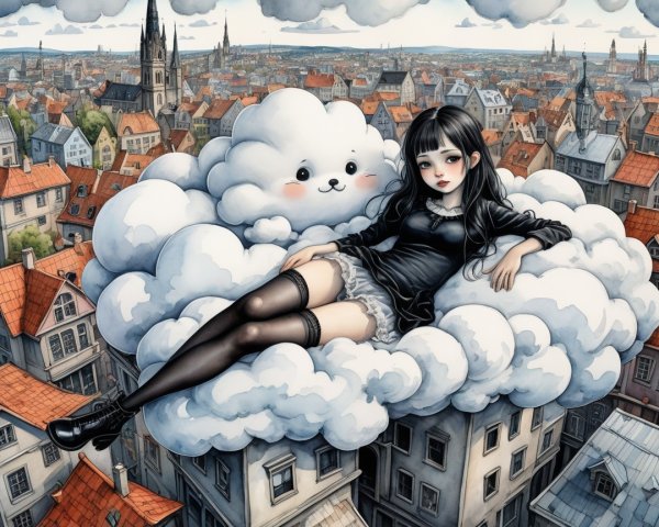 Whimsical Scene of Girl on Cloud Over Quaint City
