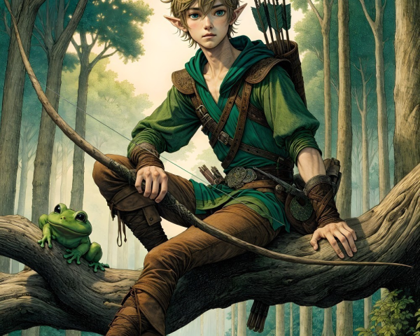 Elven Archer on Tree Branch in Lush Forest Setting
