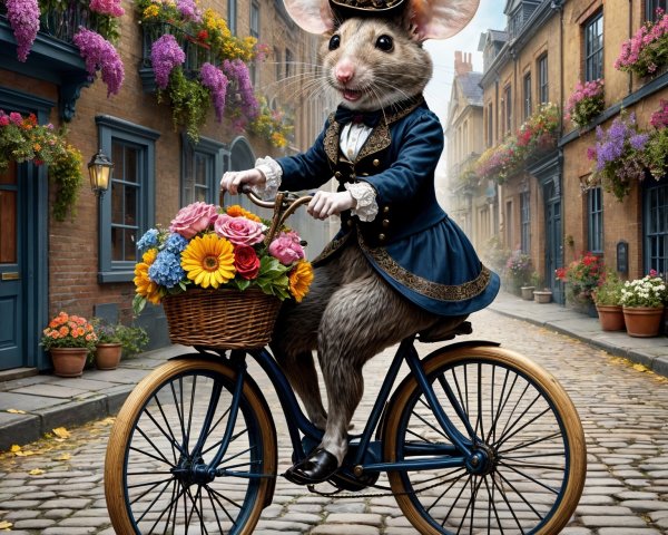 Whimsical Mouse on Vintage Bicycle in Charming Village