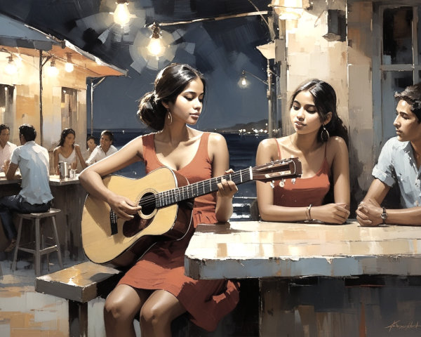 Young Woman in Red Dress Playing Guitar at Bar