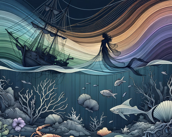 Intricate Illustration of Sailing Ship and Marine Life