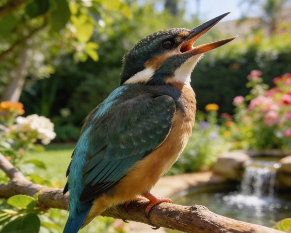 Vibrant Kingfisher Bird on Tree Branch with Leaves