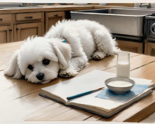 Fluffy Dog Resting on Book in Sunlit Kitchen