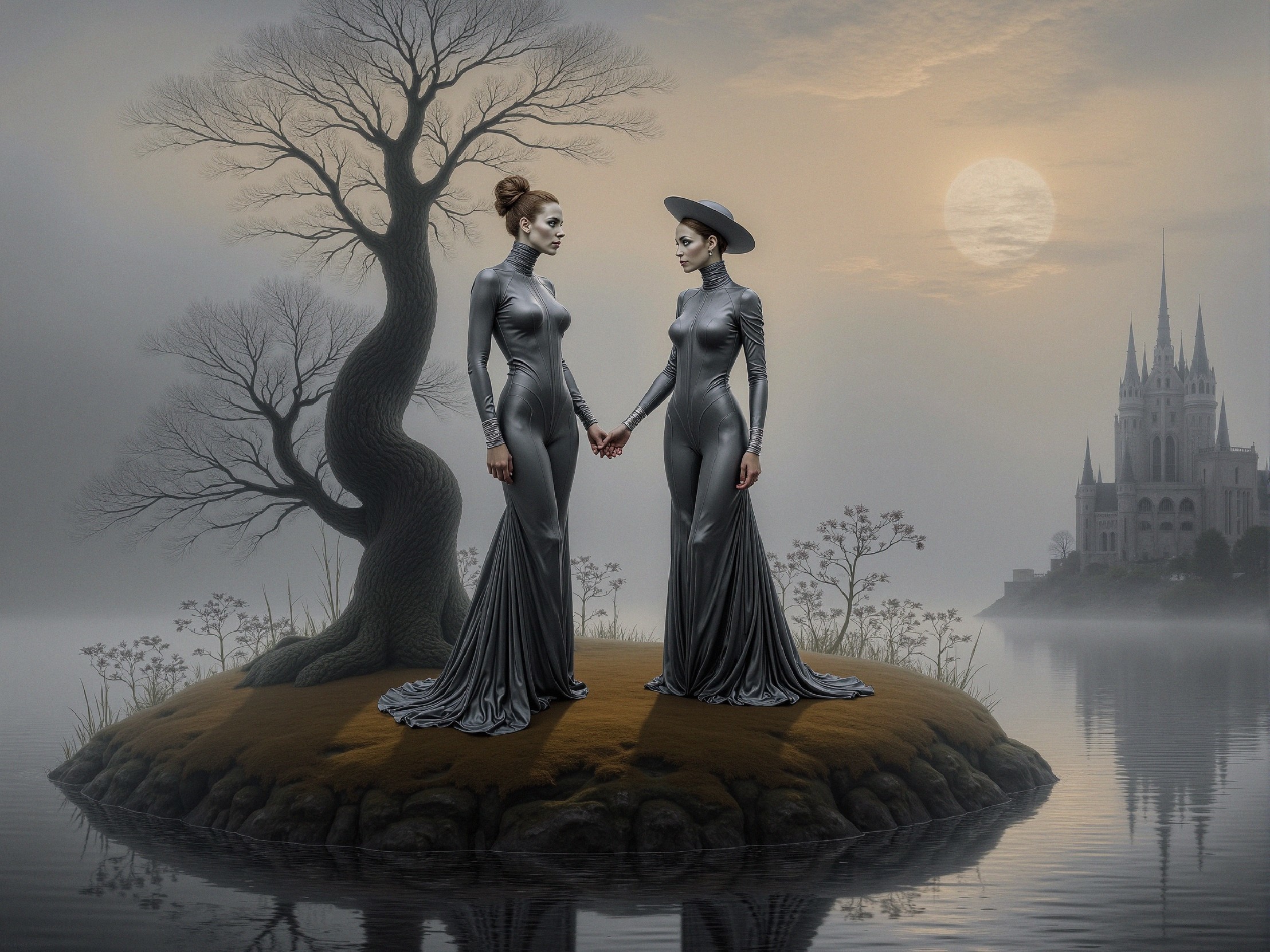 Elegant Figures in Silver Gowns on Misty Island