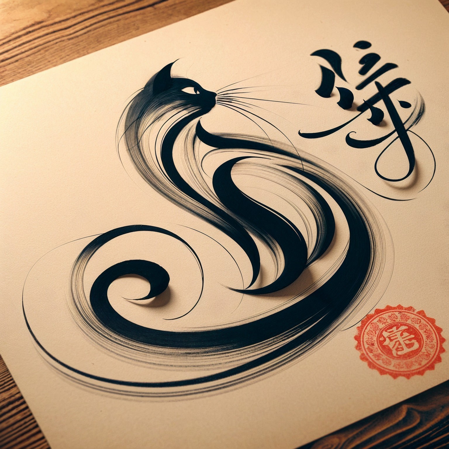 Elegant Black Cat Artwork with Calligraphic Elements