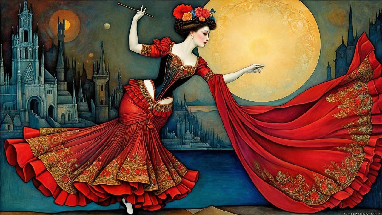 Dancer in Red Dress Against Mystical Landscape