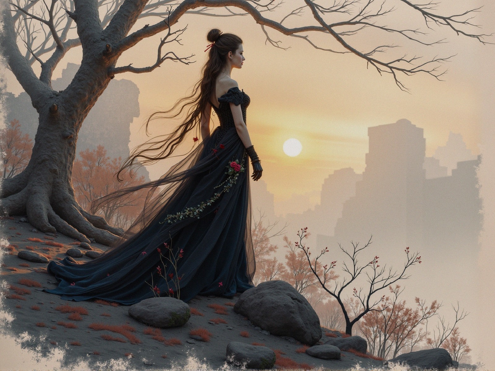 Solitary Figure in a Sunset Landscape with Roses