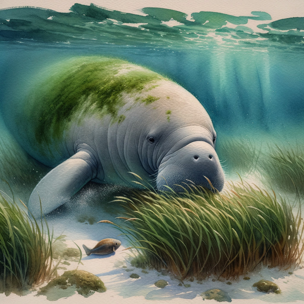 Underwater Scene with Grazing Manatee and Sunlight