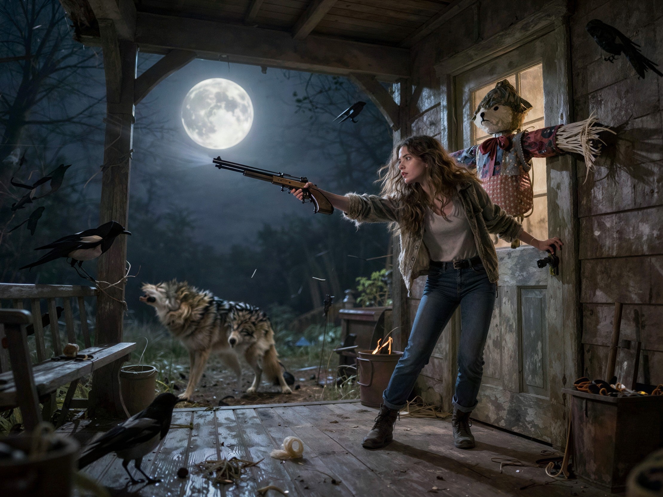 Young woman with rifle on wooden porch outdoors