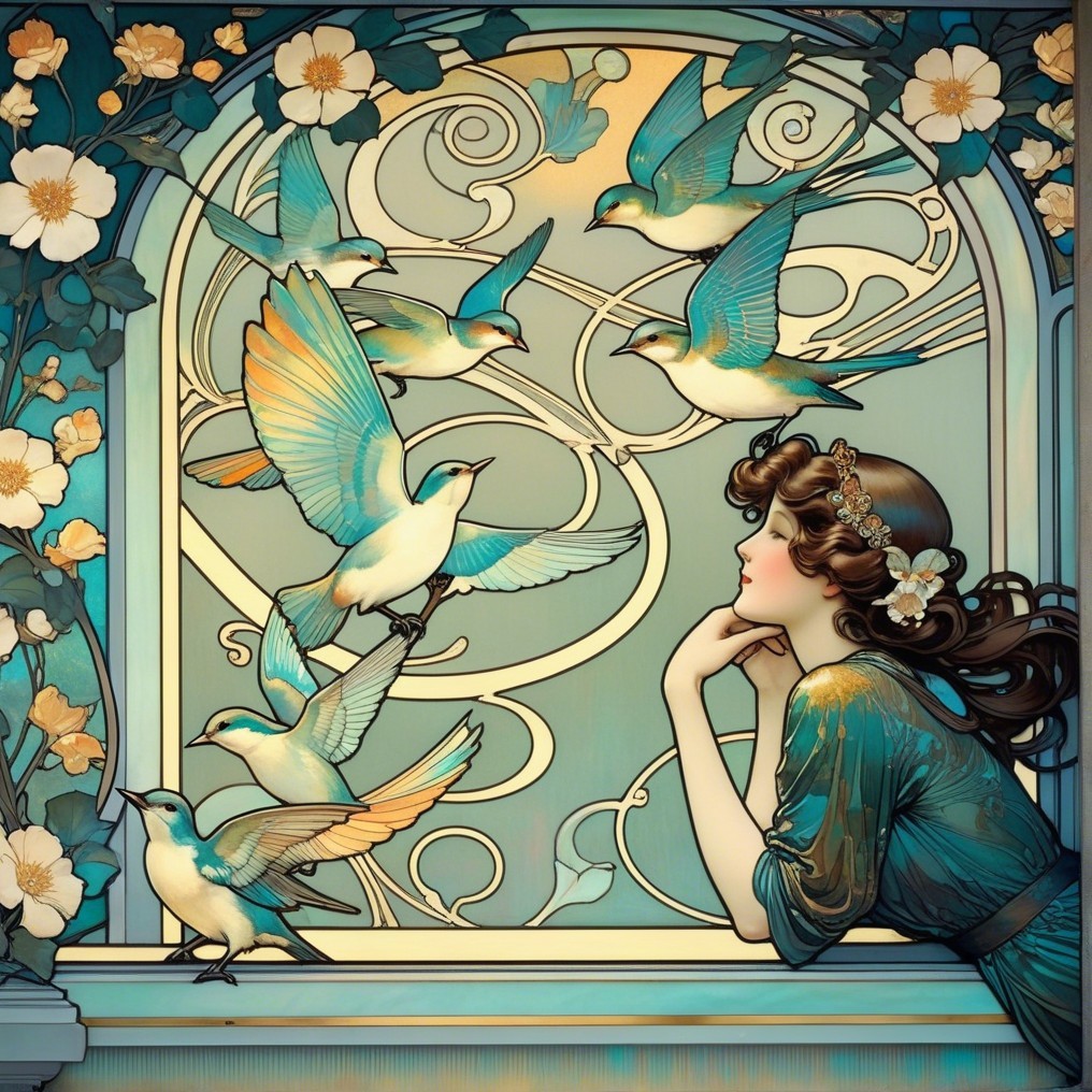 Serene Woman Gazing from Window with Bluebirds and Florals