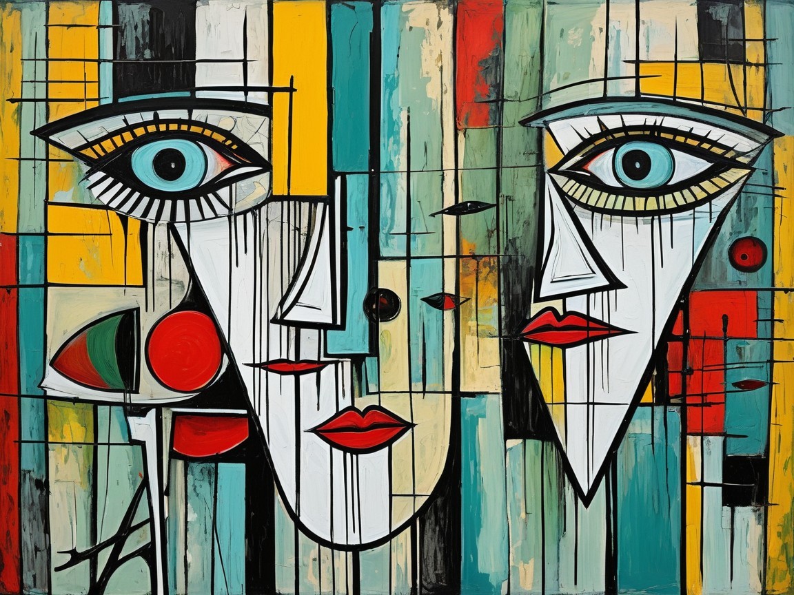 Vibrant Abstract Composition with Stylized Faces