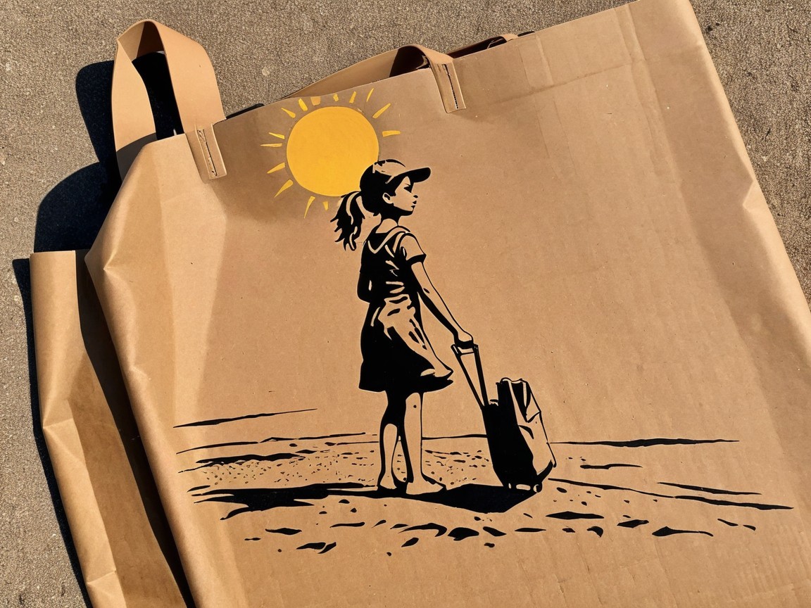 Artistic Brown Paper Bag with Beach Scene Design