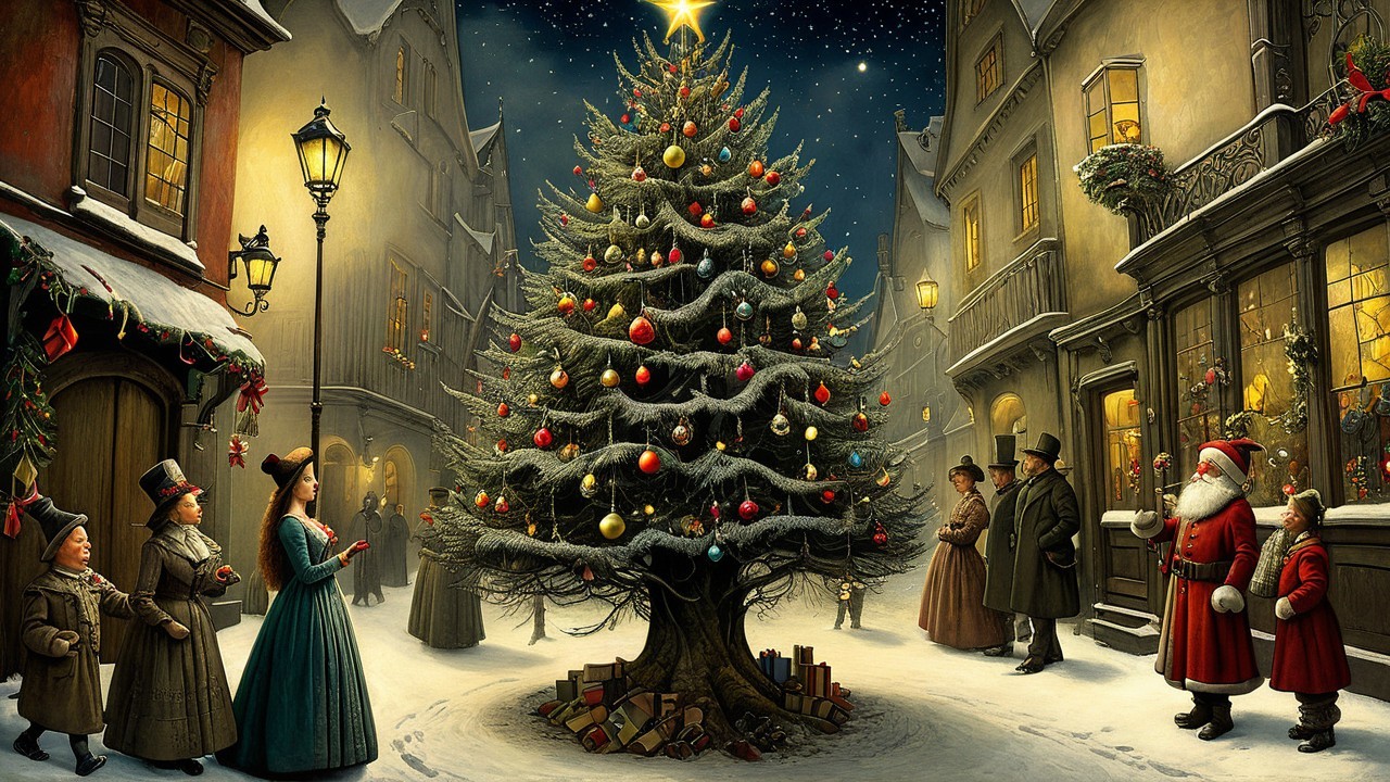 Victorian Christmas Eve Street Scene with Decorations