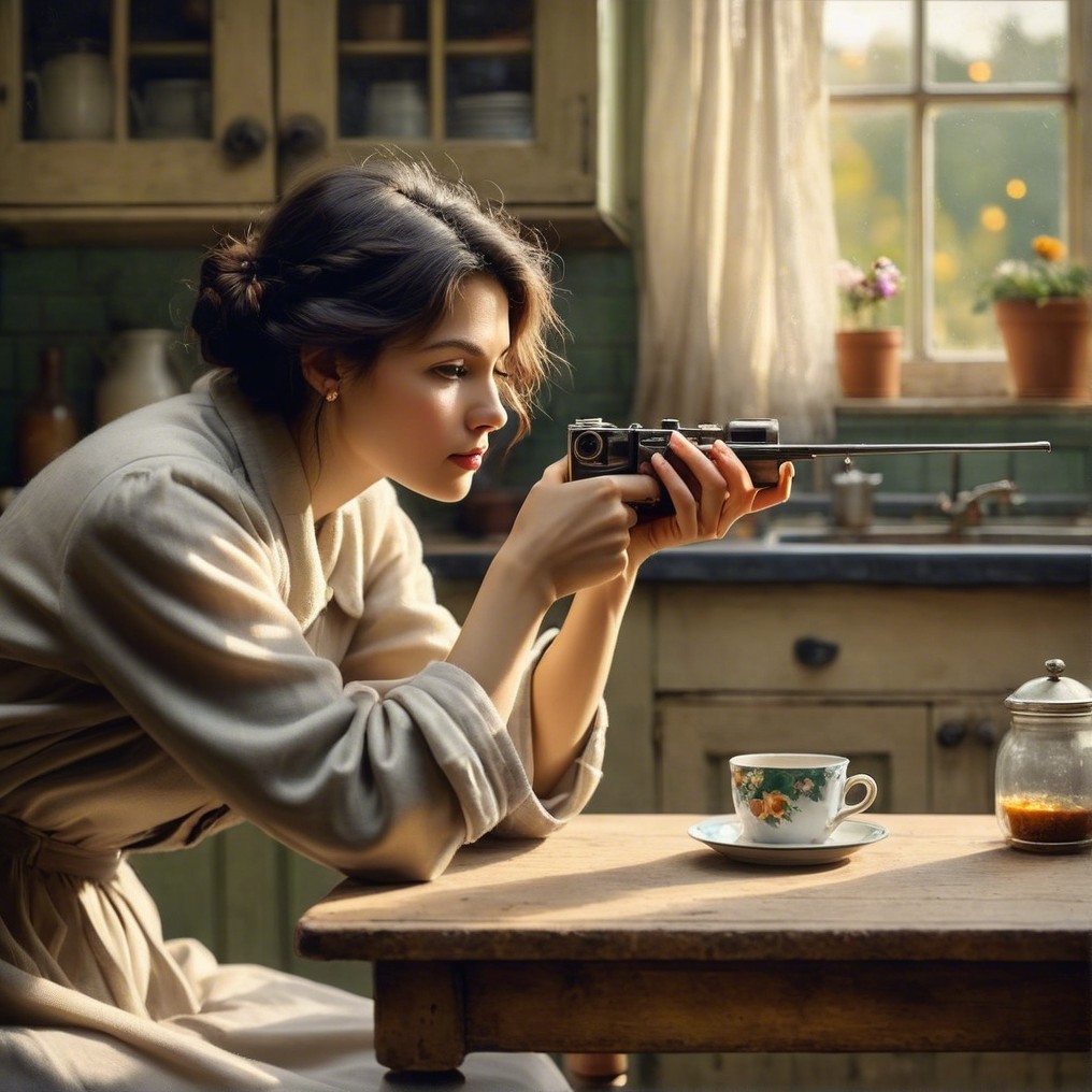 Cozy kitchen scene with woman aiming vintage rifle
