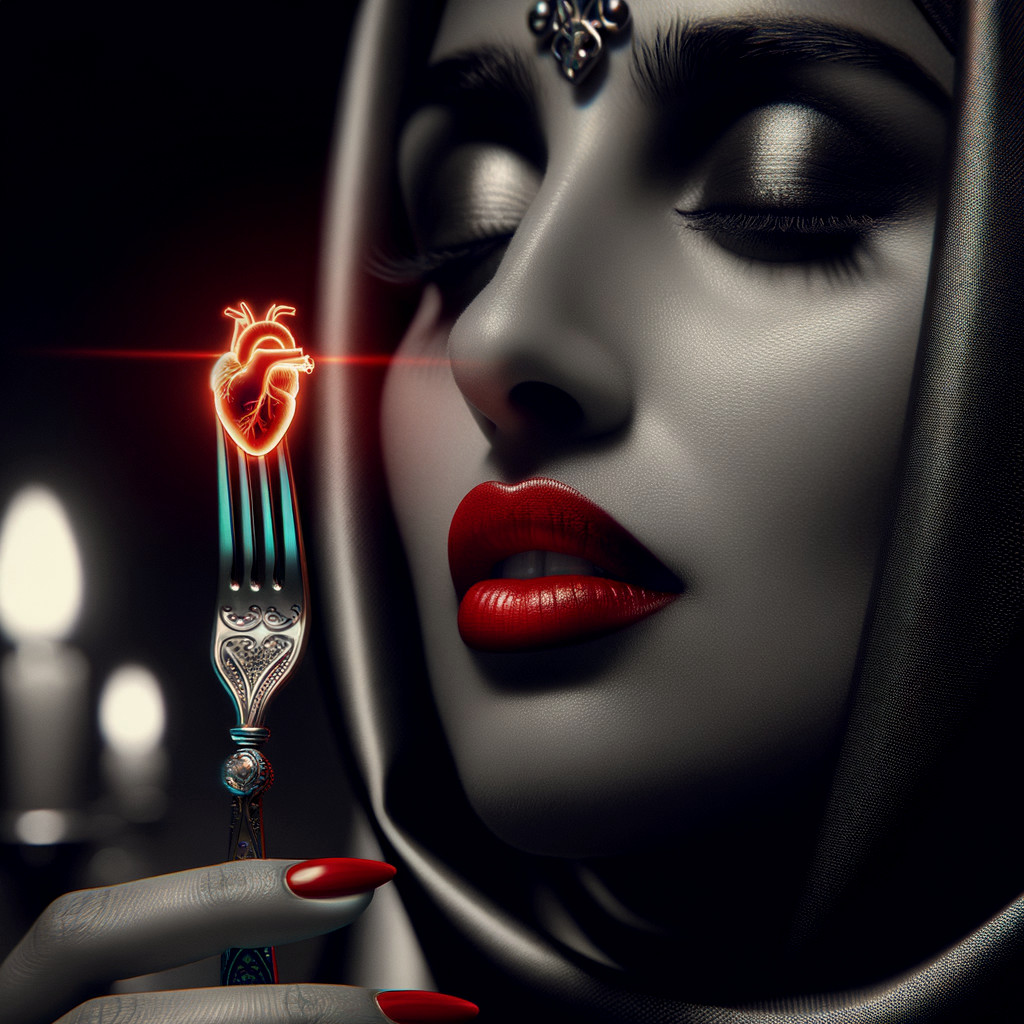 Mysterious woman with ornate fork and glowing heart