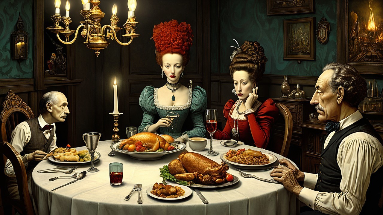 Lavish Dinner Scene with Elegantly Dressed Figures