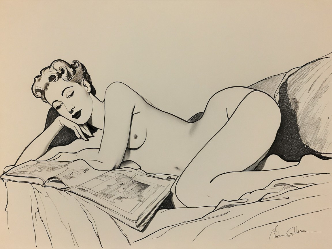 Minimalistic Line Drawing of Reclining Nude Woman