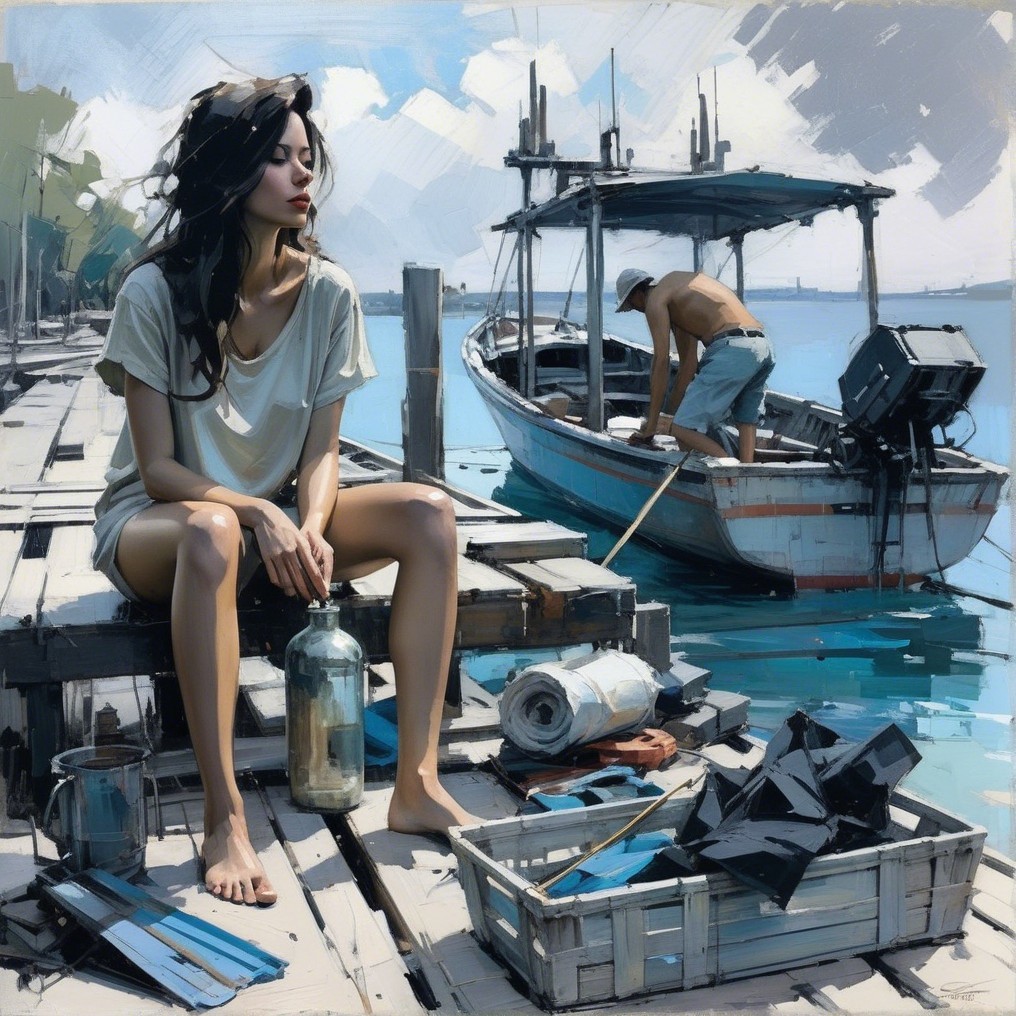 Waterfront Scene with Woman on Dock and Boat Work