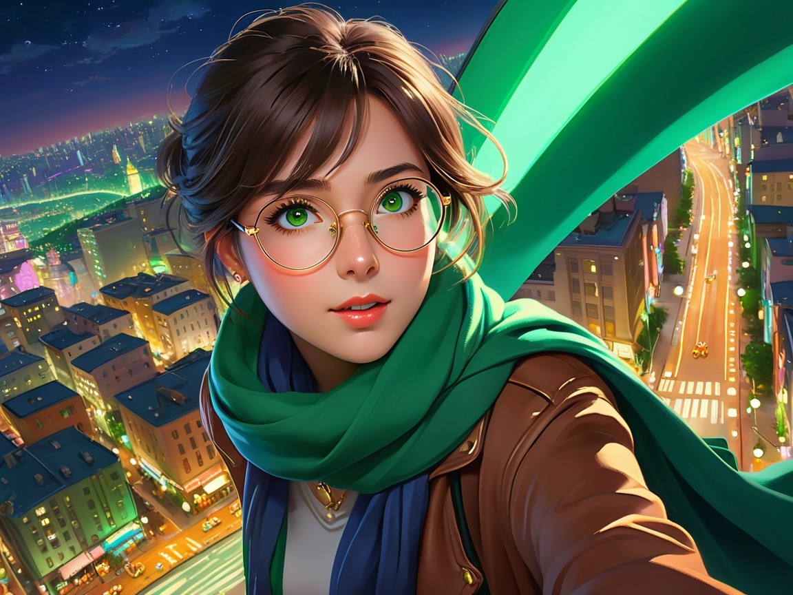 Young woman with green eyes and city skyline backdrop