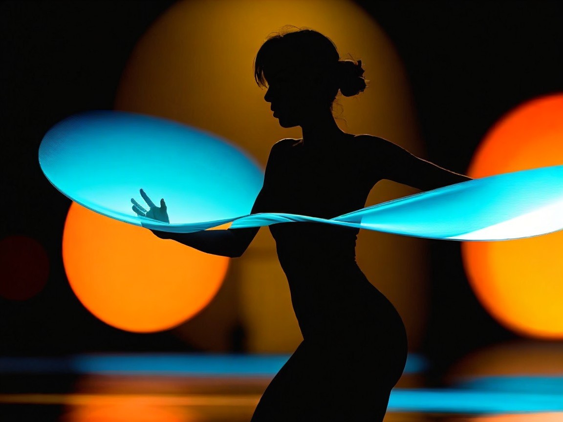 Silhouetted Dancer with Glowing Ribbons and Colorful Lights