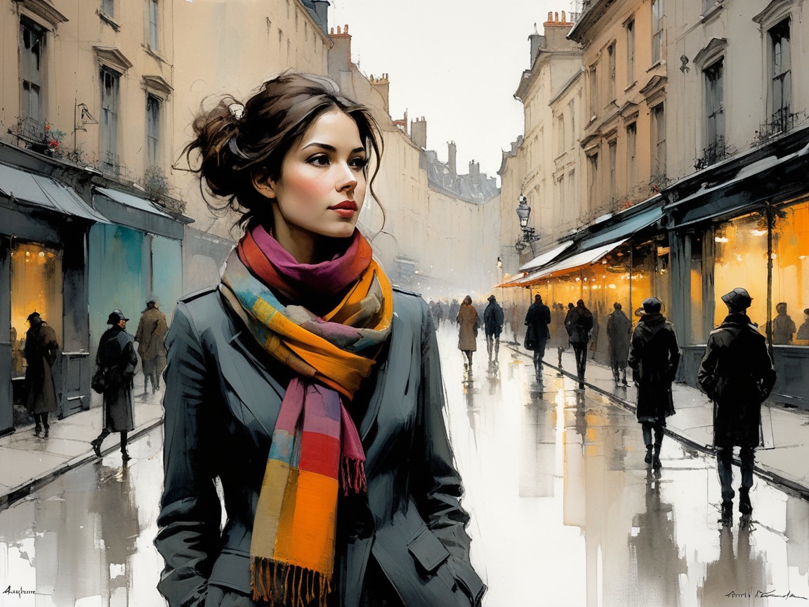 Young Woman in Chic Coat on Rainy Paris Street